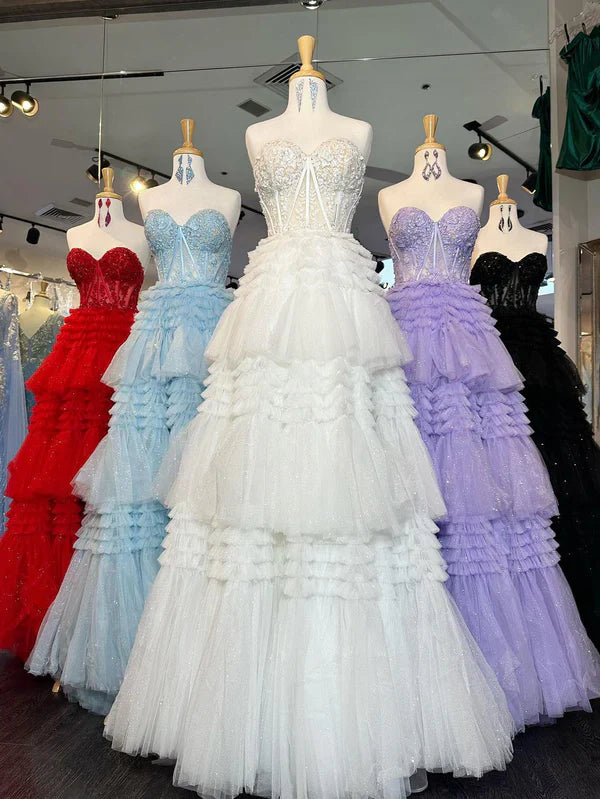 omberprom Fashion A-Line Evening Dress Sweetheart Tiered Long Tulle Prom Dress Charming Evening Party Dress