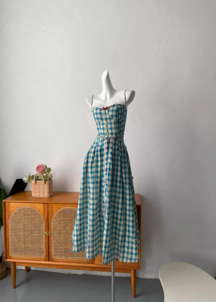 Sweet A-Line Blue Plaid Spaghetti Strap Long Prom Dress Evening Dress P4692