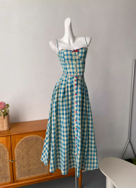Sweet A-Line Blue Plaid Spaghetti Strap Long Prom Dress Evening Dress P4692