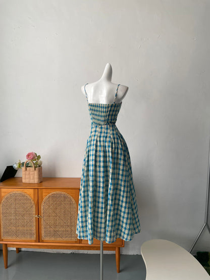 Sweet A-Line Blue Plaid Spaghetti Strap Long Prom Dress Evening Dress P4692