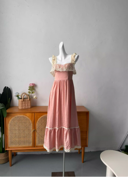 French Style Blush Pink Spaghetti Strap Square Neck Lace Jacquard Satin Prom Dress Evening Dress P4693