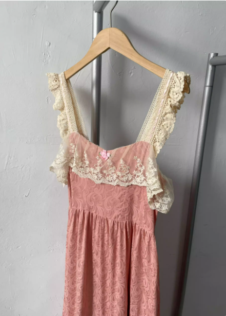 French Style Blush Pink Spaghetti Strap Square Neck Lace Jacquard Satin Prom Dress Evening Dress P4693