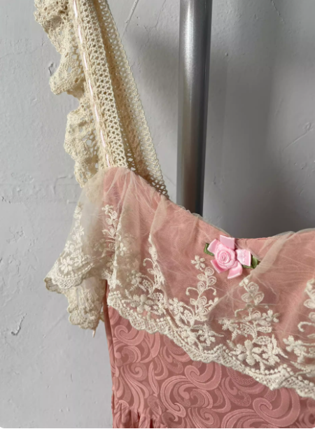French Style Blush Pink Spaghetti Strap Square Neck Lace Jacquard Satin Prom Dress Evening Dress P4693