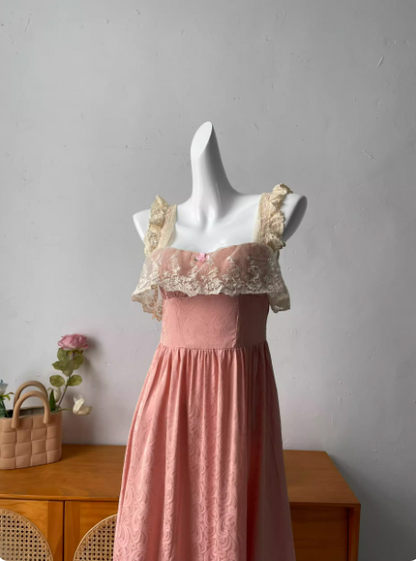 French Style Blush Pink Spaghetti Strap Square Neck Lace Jacquard Satin Prom Dress Evening Dress P4693