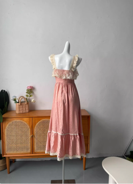 French Style Blush Pink Spaghetti Strap Square Neck Lace Jacquard Satin Prom Dress Evening Dress P4693