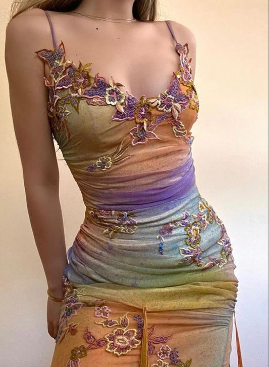 Colorful suspenders waist floral decoration hip sexy homecoming dress R3064