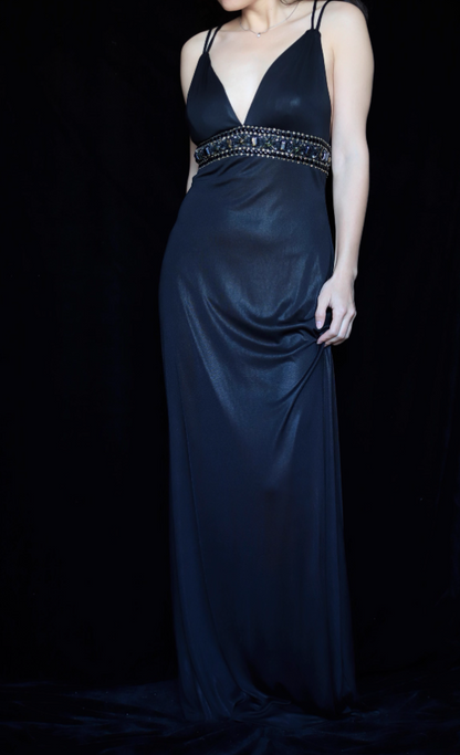 Sexy Black Spaghetti Strap V-Neck Cross Backless Satin Long Prom Dress Evening Dress P4694