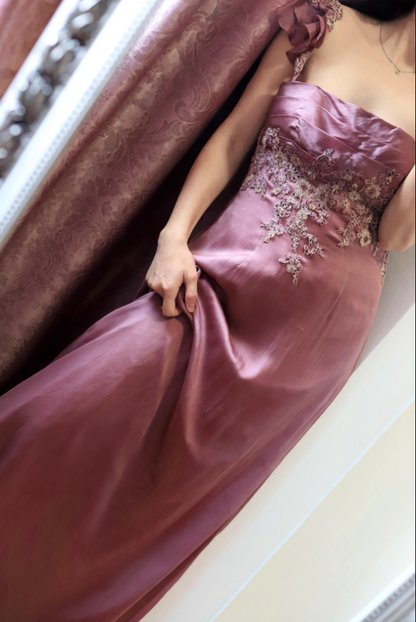 Elegant Dusty Rose Square Neck Spaghetti Strap Embroidered Ruffle Satin Long Prom Dress Evening Dress P4695