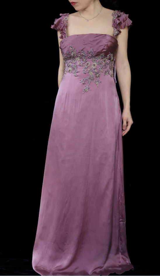 Elegant Dusty Rose Square Neck Spaghetti Strap Embroidered Ruffle Satin Long Prom Dress Evening Dress P4695