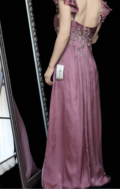 Elegant Dusty Rose Square Neck Spaghetti Strap Embroidered Ruffle Satin Long Prom Dress Evening Dress P4695