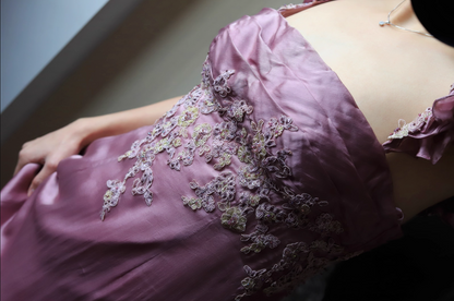 Elegant Dusty Rose Square Neck Spaghetti Strap Embroidered Ruffle Satin Long Prom Dress Evening Dress P4695