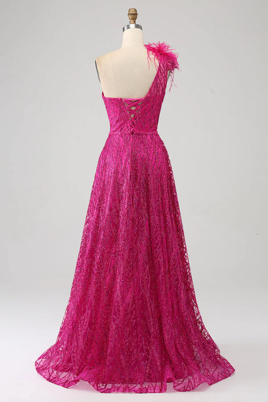 omberprom A-Line Evening Dress One Shoulder Feather Sequin Fuchsia Prom Dress With Slit