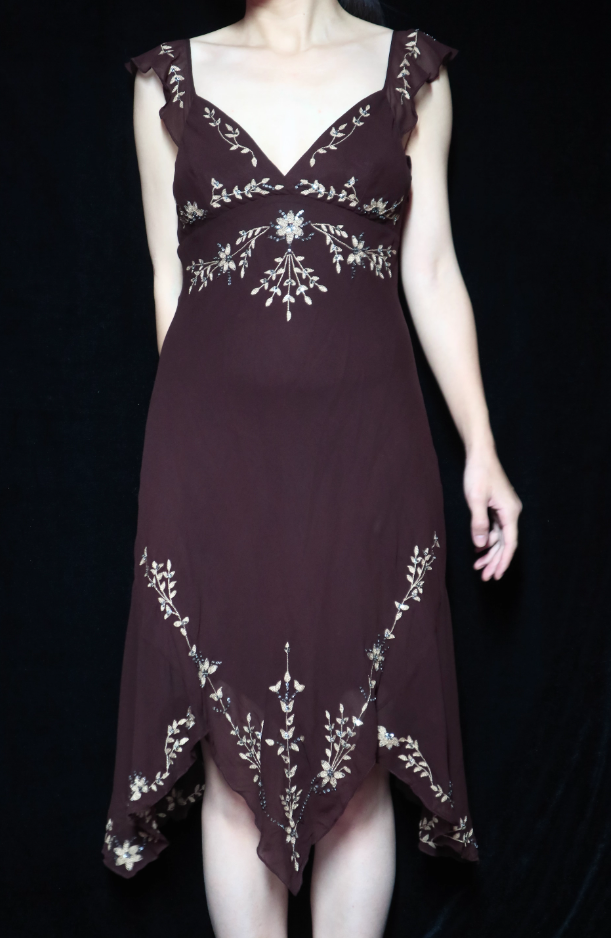 Vintage Dark Brown V-Neck Sleeveless Irregular Embroidered Sequin Chiffon Prom Dress Evening Dress P4696