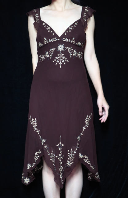 Vintage Dark Brown V-Neck Sleeveless Irregular Embroidered Sequin Chiffon Prom Dress Evening Dress P4696