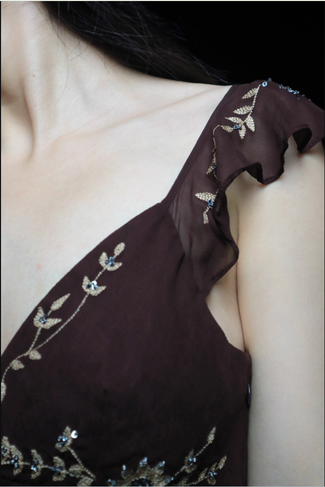 Vintage Dark Brown V-Neck Sleeveless Irregular Embroidered Sequin Chiffon Prom Dress Evening Dress P4696