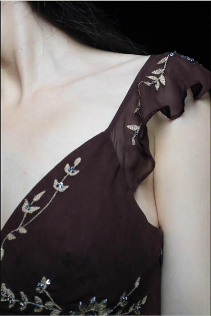 Vintage Dark Brown V-Neck Sleeveless Irregular Embroidered Sequin Chiffon Prom Dress Evening Dress P4696