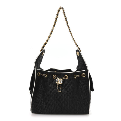 Braided Raffia Calfskin Small Chanel 25 Handbag Black White
