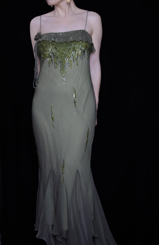 Elegant Green Spaghetti Strap Mermaid Ruffle Sequin Chiffon Long Prom Dress Evening Dress P4697