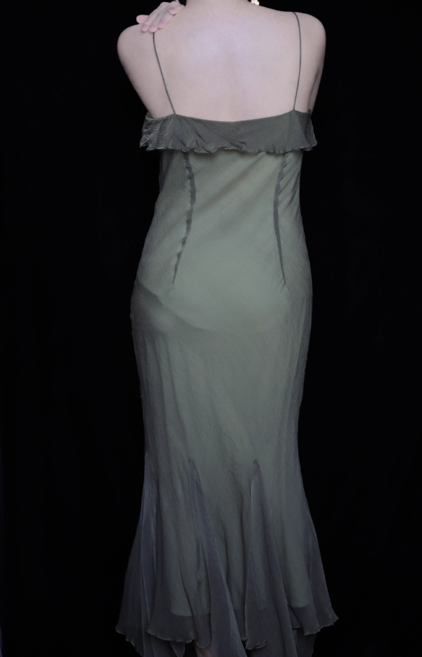 Elegant Green Spaghetti Strap Mermaid Ruffle Sequin Chiffon Long Prom Dress Evening Dress P4697