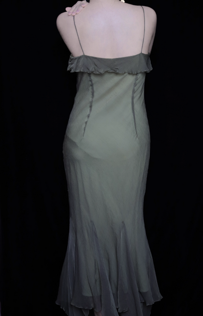Elegant Green Spaghetti Strap Mermaid Ruffle Sequin Chiffon Long Prom Dress Evening Dress P4697