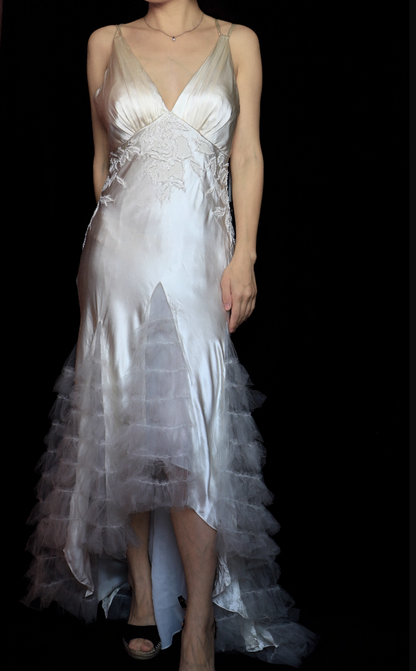 Elegant Ivory V-Neck Beaded Tulle Satin High-Low Prom Dress Evening Dress P4698