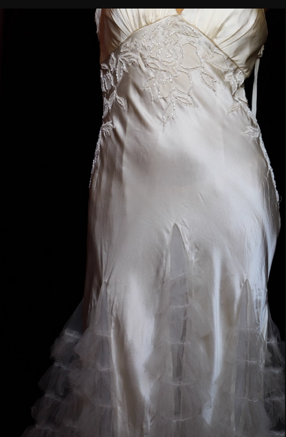 Elegant Ivory V-Neck Beaded Tulle Satin High-Low Prom Dress Evening Dress P4698