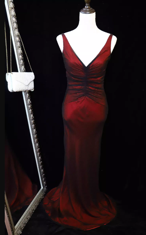 Vintage Bright Burgundy Mermaid V-Neck Ruched Satin Long Prom Dress Evening Dress P4699