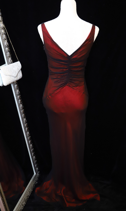 Vintage Bright Burgundy Mermaid V-Neck Ruched Satin Long Prom Dress Evening Dress P4699