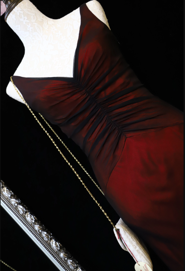 Vintage Bright Burgundy Mermaid V-Neck Ruched Satin Long Prom Dress Evening Dress P4699
