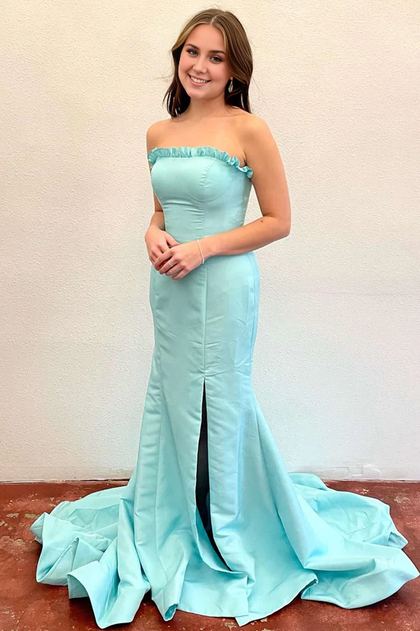 omberprom Strapless Evening Dress Maganta Ruffle Mermaid Slit Long Prom Dress
