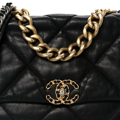 Shiny Goatskin Quilted Large Chanel 19 Flap Black