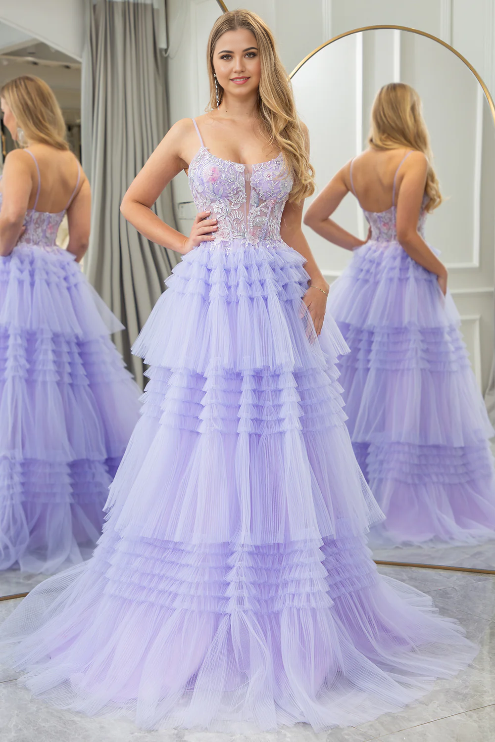 omberprom A Line Tiered Tulle Corset Long Prom Dress With Appliques Charming Evening Party Dress
