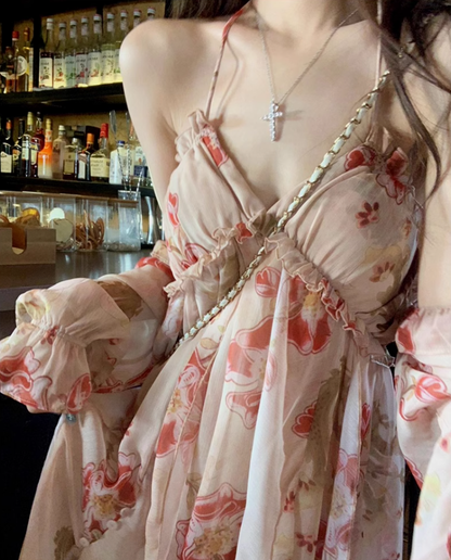 Fairy French floral suspender long dress beautiful holiday style v-neck wear backless dress R1754