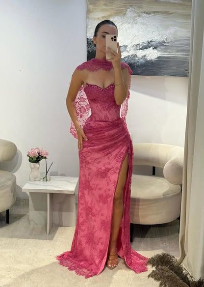 Vintage Fuchsia Sheath Lace Evening Gown High Slit Party Dress Long Formal Dress TP4964