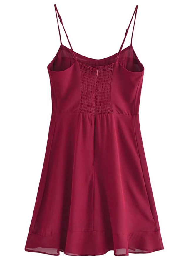 2025 summer new sexy petite wine red holiday short suspender dress R0916
