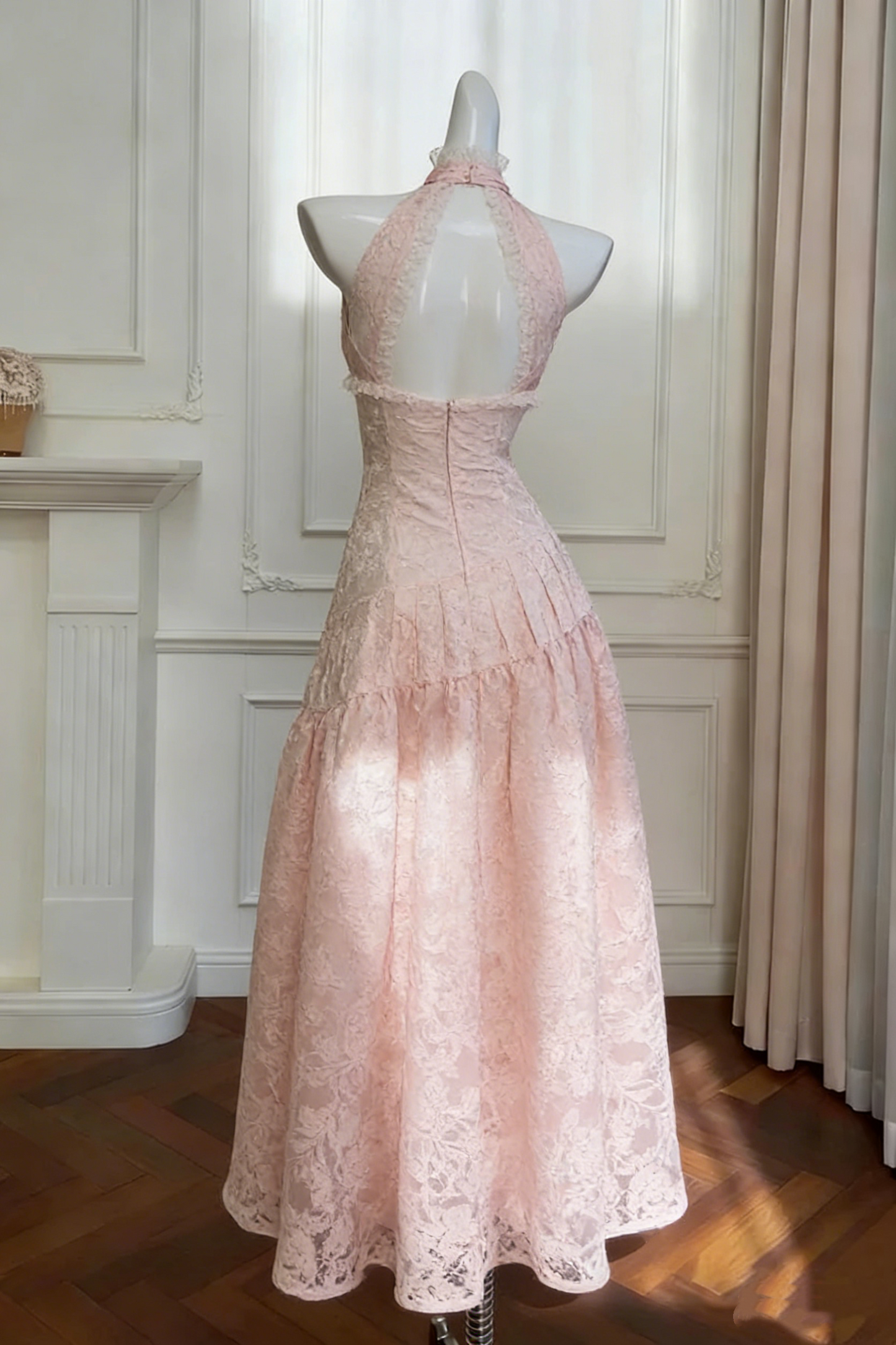 Cute Pink Halter Satin Lace Floral A Line Birthday Prom Dress Long Party Gown SP1567