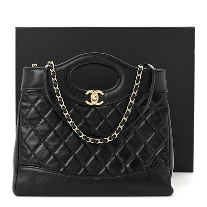 Shiny Crumpled Calfskin Quilted Mini 31 Shopping Bag Black