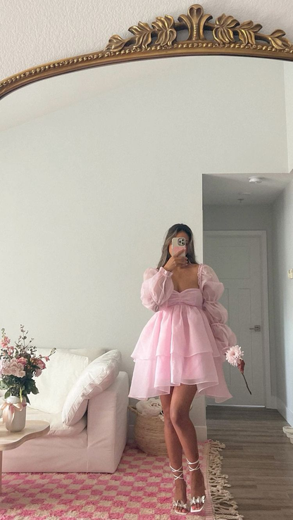 Pink A-line Puffy Dress,Pink Homecoming Dress,Y2428