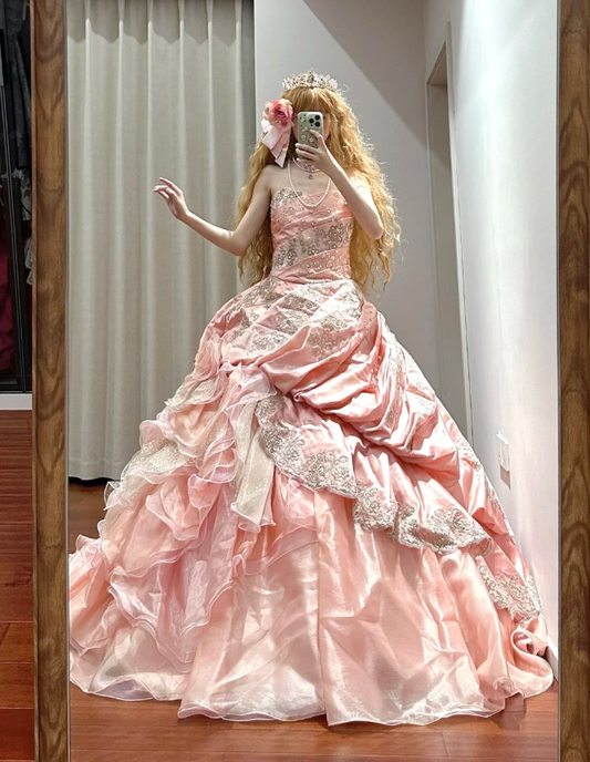 Retro Strapless Ball Gown Pink Satin Tulle Pleated Appliques Quinceanera Dress Sweet 16 Dress