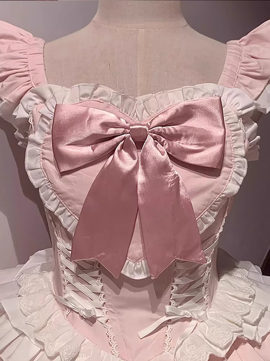 Cute Ball Gown Square Neckline Floral Lace Party Dresses Pink Birthday Outfits With Bowknots