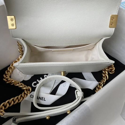 CC Boy Flap Bag with Handle Grained Shiny Calfskin & Gold-Tone Metal White 20 x 12 x 7cm