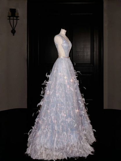 Glamorous V Neck Tulle Beaded Feathers A Line Prom Dress Evening Dress Y8682