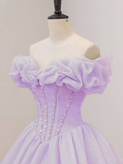 Purple A-Line Off Shoulder Long Prom Dresses, Sweet 16 Dress Y5865