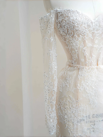 Romantic White Lace Appliques Tulle Sequin Mermaid Prom Dress Off Shoulder Evening Dress Y8663
