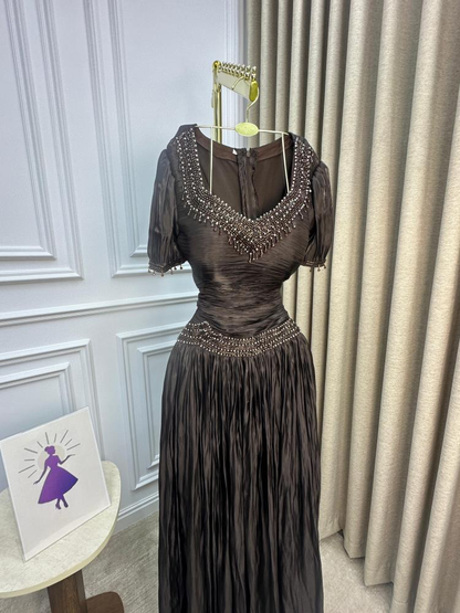 Vintage V Neck Brown Chiffon Beaded Mermaid Party Dress Long Evening Gowns