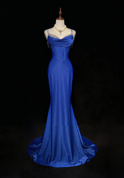 Charming Spaghetti Straps Royal Blue Satin Beaded Mermaid Long Evening Dress Birthday Prom Dress SP1961