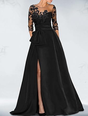 omberprom A-Line Elegant Wedding Guest Dress Court Train Jewel Neck 3/4 Sleeve Evening Dress with Beading Slit Appliques Fall Wedding Guest Dress November
