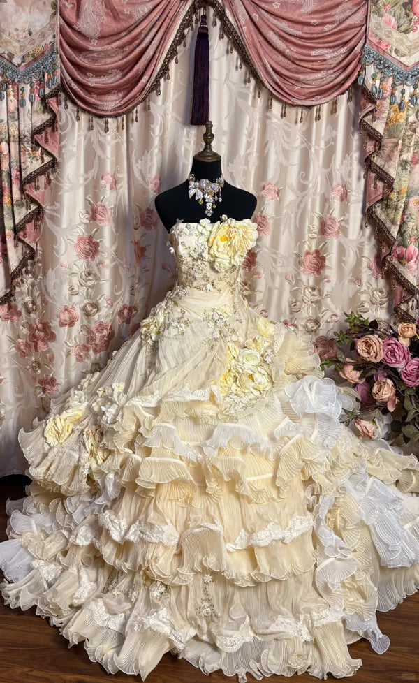 Vintage Applique Ruffles Strapless Sweet 16 Quinceanera A-Line Evening Dress Ball Gown TP4287