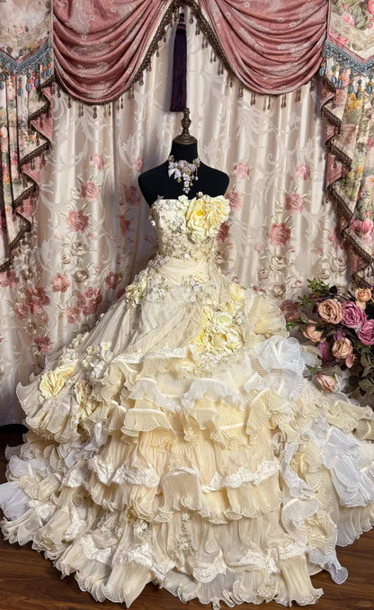 Vintage Applique Ruffles Strapless Sweet 16 Quinceanera A-Line Evening Dress Ball Gown TP4287