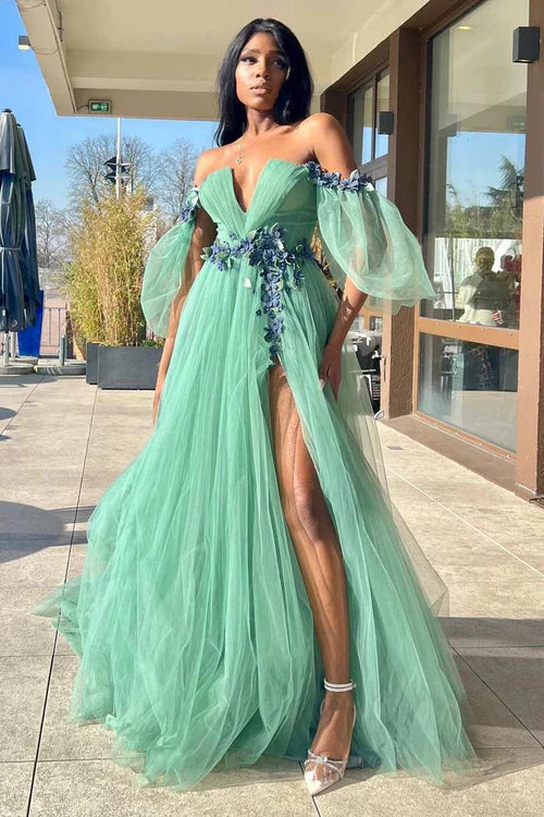 omberprom Green Tulle 3D Floral Evening Dress Lace Off-the-Shoulder A-Line Long Prom Dress